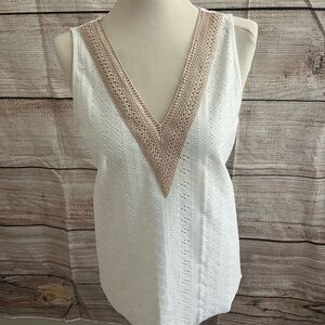 White Sleeveless Top with Tan Crochet Detail
